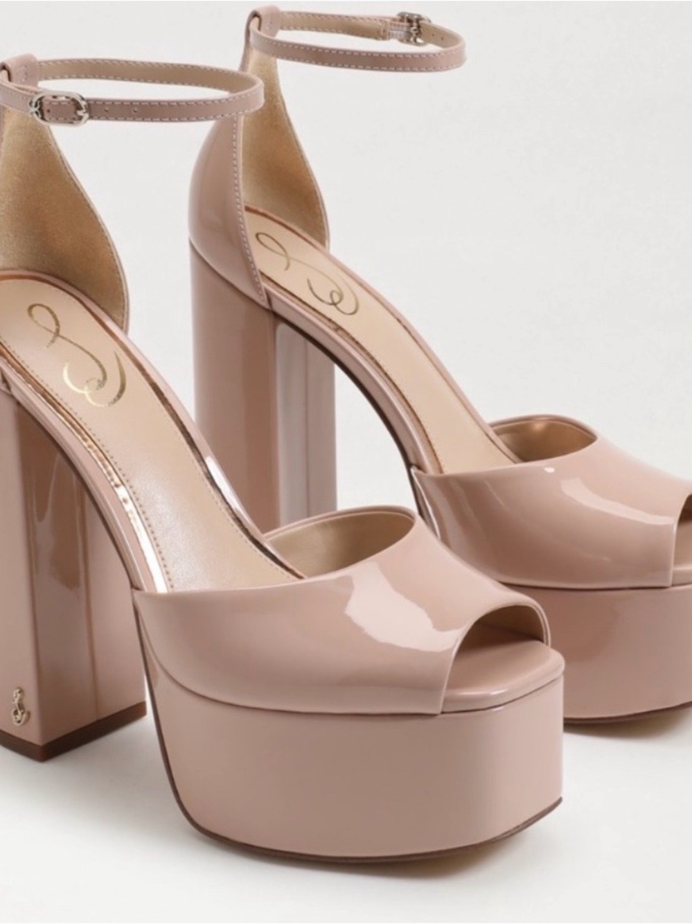 SAM EDELMAN Women’s Nude Patent Platform Peep-Toe Heels with Ankle Strap